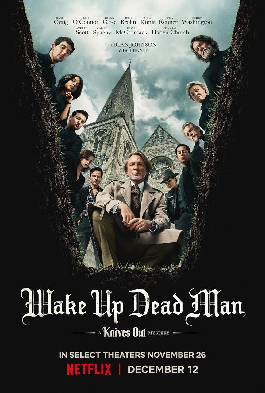 Wake Up Dead Man: A Knives Out Mystery movie poster featuring detective Benoit Blanc holding a lantern